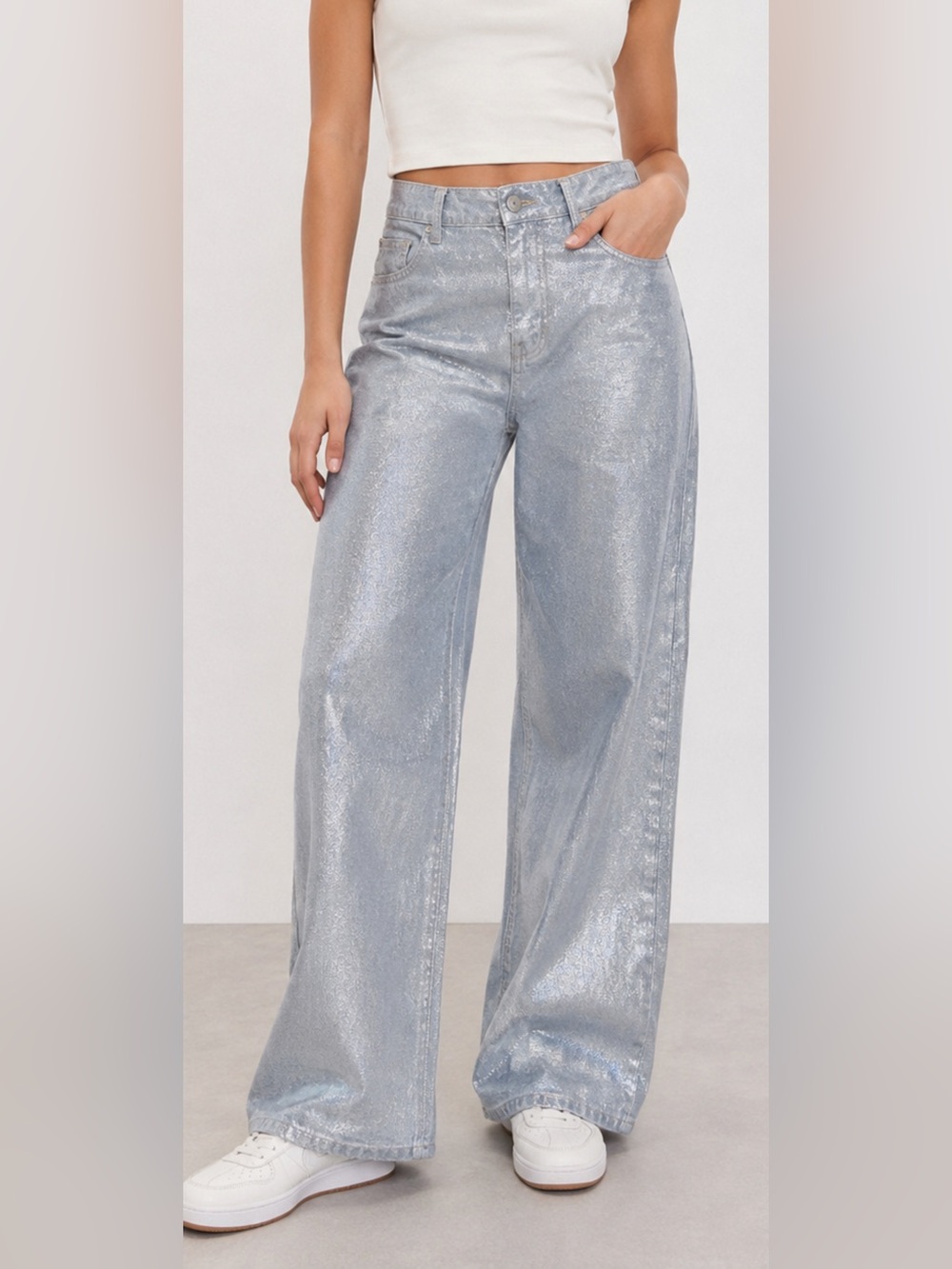NWT Wild Fable High-Rise Metallic Baggy Wide Leg Jeans ✨ Silver Shimmer Size 12